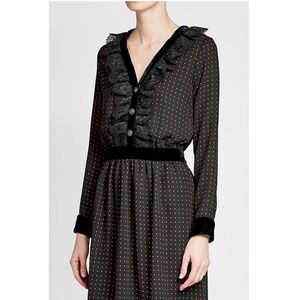 The Kooples Pleated Dots Dress Black Red Polka Dot Velvet Long Sleeve Size S